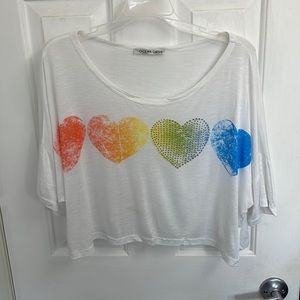 Womens white crop top tshirt with colorful hearts size medium